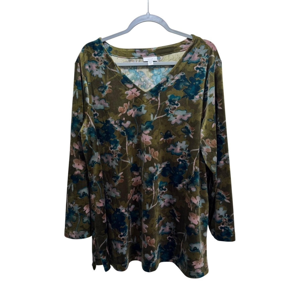 Pure Jill Velour Velvet Floral Cottagecore Tunic Top XL Green V-Neck Long Sleeve